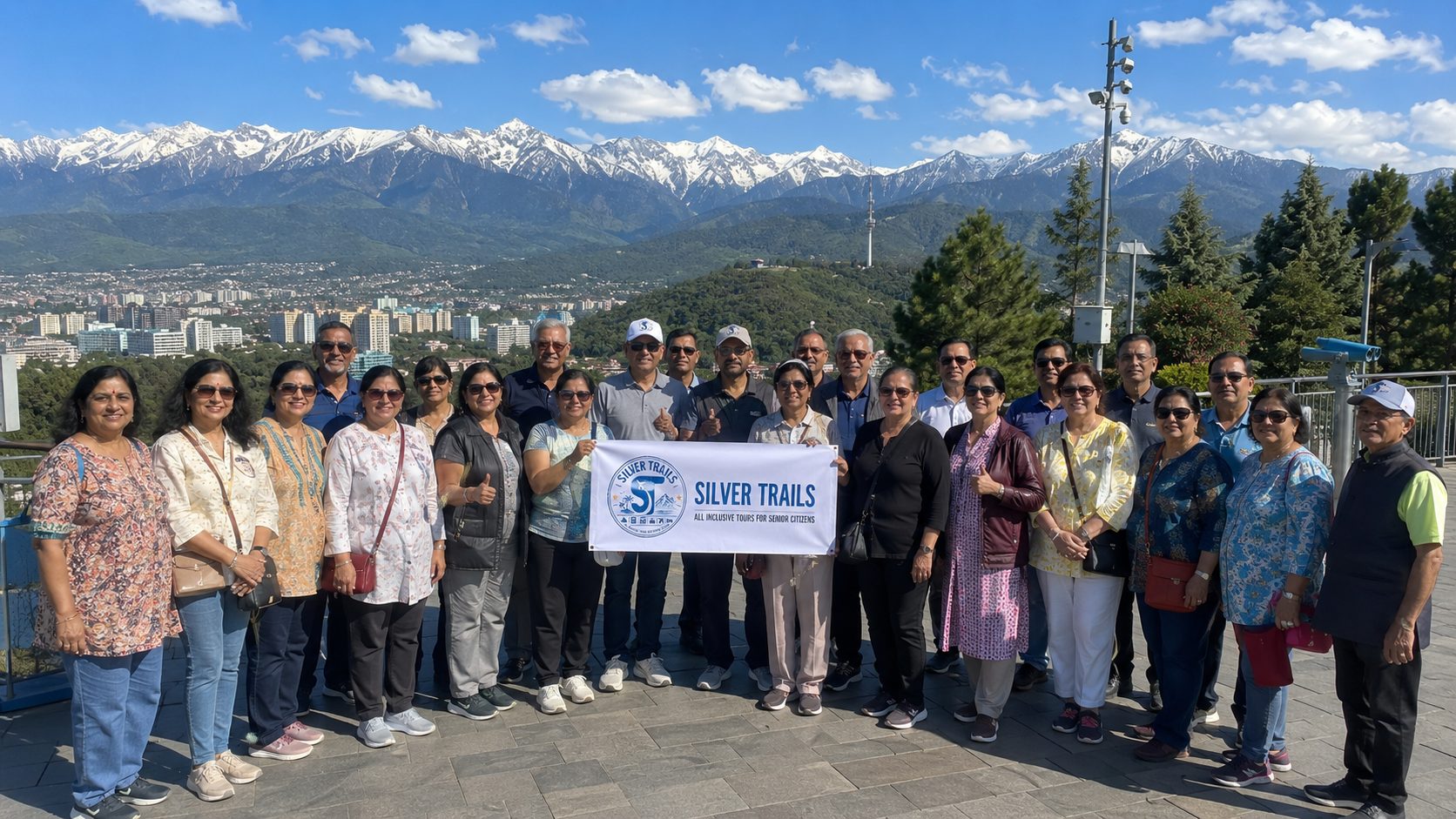 Silver Trails group in Almaty, Kazakhstan with Tian Shan mountains